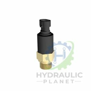 hydraulicplanet Digital rendering of the FLANGE CODE 62 - 6000 PSI hydraulic pressure sensor featuring a black plastic top and brass threaded base, shown on a white background with a subtle Hydraulic Planet logo.