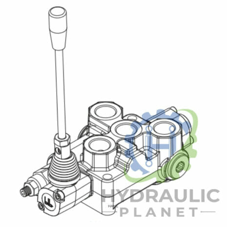 BLB BM100 3/4" ROTARY VALVE-2 hydraulicplanet Technical drawing of the BLB BM100 3/4" ROTARY VALVE hydraulic control valve with lever, ports, and fittings, featuring the Hydraulic Planet logo in the lower right-hand corner.