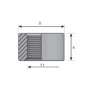 hydraulicplanet Technical drawing of the WELDING STUD BSPP, a cylindrical part with labelled dimensions D, F1, and A, featuring a partial cross-section that reveals internal BSPP threading.