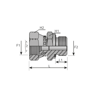 hydraulicplanet Technical drawing of the ADAPTOR SWIVEL FEMALE JIC - MALE BSPP FORM E with labelled dimensions H1, H2, F1, F2, L, L1, and a 74° angle on the left; includes male BSPP and female JIC connections.