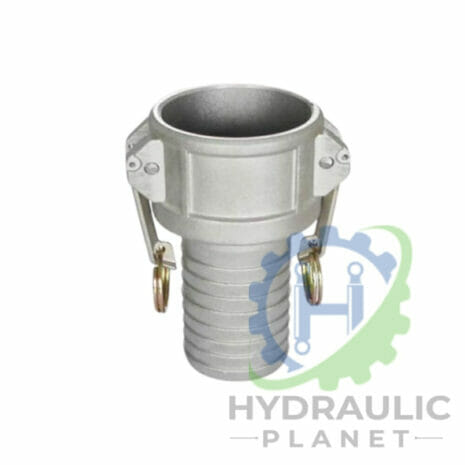 hydraulicplanet TYPE C ALUMINIUM CAMLOCK hose coupling with locking arms, shown on a white background with the Hydraulic Planet logo in the corner.