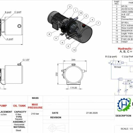 380V DOCK LEVELER POWER PACK-2 hydraulicplanet Technical drawing of the 380V DOCK LEVELLER POWER PACK, displaying labelled parts, dimensions, circuit diagram, and a specification table at the bottom.