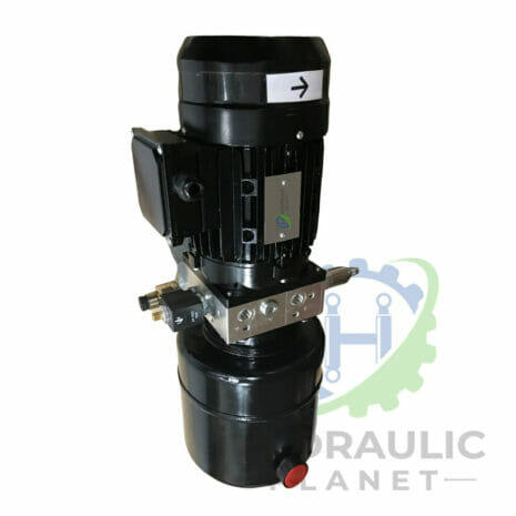 hydraulicplanet The 380V DOCK LEVELLER POWER PACK is a black hydraulic unit with a fluid reservoir and electric motor, pictured on a white background with part of the Hydraulic Planet logo—perfect for dock leveller applications.