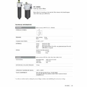 hydraulicplanet Technical datasheet for the TANK TOP RETURN FILTER FR1 SERIES WITH 1.1/4" BSP FEMALE PORT, showing product image, specs table, and technical details on housing, pressure ratings, port options, and filter element choices.