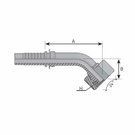 METRIC FEMALE 24° CONE - 45° ELBOW - L TYPE (LIGHT) hydraulicplanet Technical drawing of the METRIC FEMALE 24° CONE - 45° ELBOW - L TYPE (LIGHT) hose fitting, featuring labelled dimensions A, B, and H with a metric female 24° cone at a 45° elbow angle.