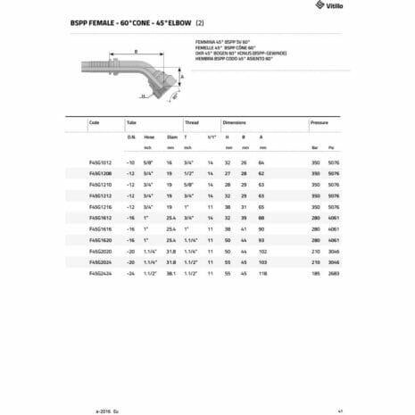 BSPP FEMALE - 45° ELBOW (THRUST-WIRE NUT)-3 hydraulicplanet Technical datasheet for the BSPP FEMALE - 45° ELBOW (THRUST-WIRE NUT) includes a diagram and table with code, size, and pressure specifications.