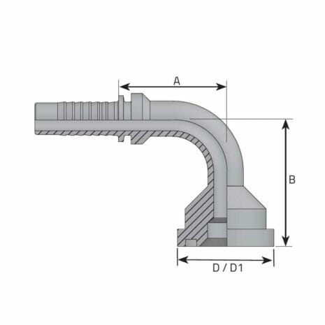 FLANGE CODE 61 - 3000 PSI - 90° ELBOW hydraulicplanet Technical drawing of the FLANGE CODE 61 - 3000 PSI - 90° ELBOW, displaying labelled dimensions A, B, and D/D1 with internal and external structure.