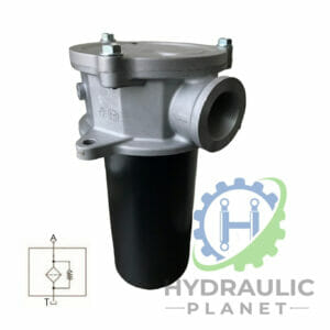 hydraulicplanet TANK TOP RETURN FILTER FR1 Series with 1.1/4" BSP female port, featuring a durable metal body. Shown with circuit diagram symbol and Hydraulic Planet logo. Ideal for efficient system protection as a tank top return filter.