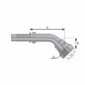 hydraulicplanet Technical drawing of the JIC 37° FEMALE - 45° ELBOW hydraulic fitting, showing dimensions A, B, and H with cross-sectional view of the internal structure and comparison to related standards.