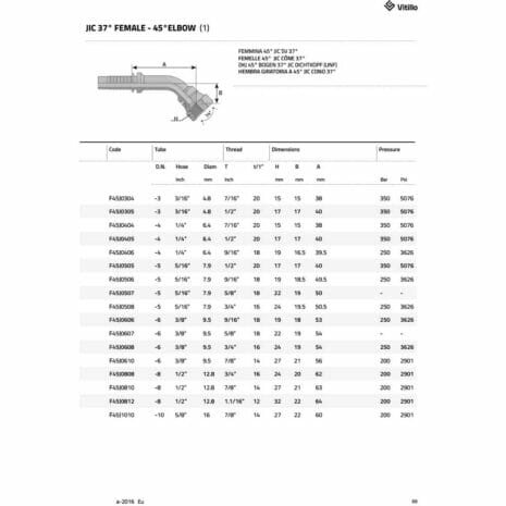 JIC 37° FEMALE - 45° ELBOW-2 hydraulicplanet Catalogue page showing technical specifications, dimensions, detailed diagram, and a table of codes, sizes, and pressure ratings for the JIC 37° FEMALE - 45° ELBOW hydraulic fitting.