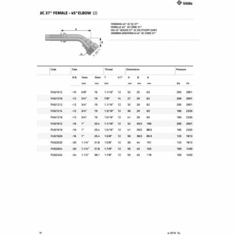 JIC 37° FEMALE - 45° ELBOW-3 hydraulicplanet Table displaying JIC 37° FEMALE - 45° ELBOW specifications, such as hose size, thread details, dimensions, and maximum pressure ratings.
