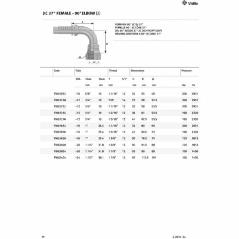 JIC 37° FEMALE - 90° ELBOW-3 hydraulicplanet Table listing specifications for JIC 37° FEMALE - 90° ELBOW fittings, featuring dimensions, thread sizes, and pressure ratings. A detailed fitting diagram is shown above.