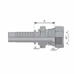 hydraulicplanet Technical drawing of a KOMATSU STYLE METRIC FEMALE hydraulic hose fitting with labelled dimensions A, H, H1, and a 60-degree angle shown on the right side.
