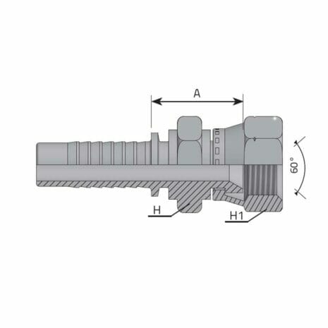 hydraulicplanet Technical drawing of a KOMATSU STYLE METRIC FEMALE hydraulic hose fitting with labelled dimensions A, H, H1, and a 60-degree angle shown on the right side.
