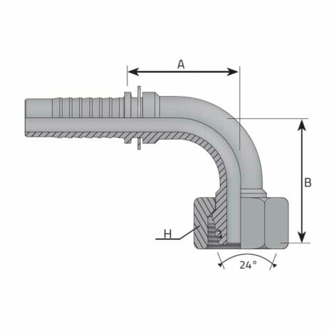 METRIC FEMALE 24° CONE - 90° ELBOW - L TYPE (LIGHT) hydraulicplanet Technical drawing of a METRIC FEMALE 24° CONE - 90° ELBOW - L TYPE (LIGHT), showing labelled dimensions A, B, and H, with a 24° angle annotation.