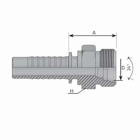 hydraulicplanet Technical drawing of the METRIC MALE 24° CONE - L TYPE (LIGHT) metal hose fitting with a threaded end, cross-section view, and labelled dimensions A, D, H, plus a 24° angle.