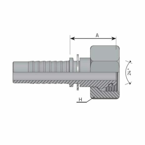 METRIC FEMALE 24° CONE - S TYPE (HEAVY) hydraulicplanet Cross-sectional technical drawing of the METRIC FEMALE 24° CONE - S TYPE (HEAVY) hose fitting, showing its internal structure, labelled dimensions A and H, and the 24° angle.
