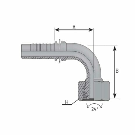 METRIC FEMALE 24° CONE - 90° ELBOW - S TYPE (HEAVY) hydraulicplanet Technical drawing of the METRIC FEMALE 24° CONE - 90° ELBOW - S TYPE (HEAVY) hydraulic fitting, with labelled dimensions: A (length), B (height), H (width), and a 24° cone at the bend.