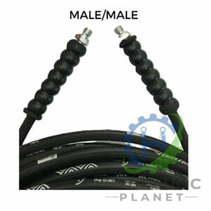 hydraulicplanet Close-up of the 1/4" 2 WIRE BLACK PRESSURE WASHER HOSE ASSEMBLY showing BSP male/male fittings. A gear and leaf logo is in the corner. Durable design ideal for tough cleaning tasks.