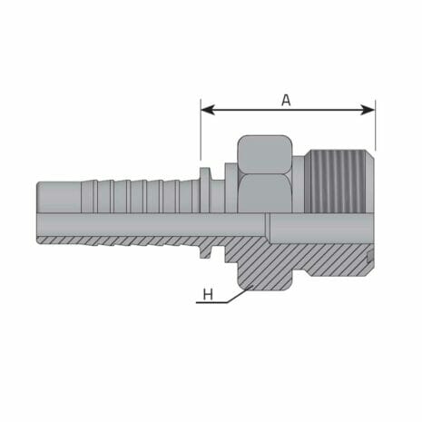 ORFS MALE hydraulicplanet Technical drawing of an ORFS MALE hose fitting featuring a barbed end, hex nut, and threaded section; dimensions A (length) and H (height) are labelled on the diagram.