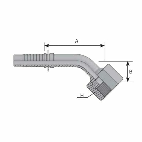 hydraulicplanet Technical line drawing of the ORFS FEMALE SWIVEL- 45° ELBOW hose fitting, showing three labelled dimensions: A (length), B (height), and H (hex width). Features an ORFS female swivel connection.