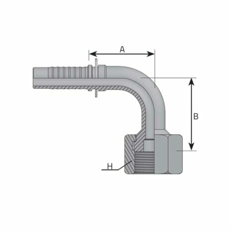 ORFS FEMALE SWIVEL 90° ELBOW hydraulicplanet Technical drawing of an ORFS FEMALE SWIVEL 90° ELBOW hydraulic hose fitting, showing dimensions A, B, and H with labelled internal and external features.