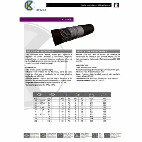 KLEIN OIL SUCTION HOSE KLENOIL-2 hydraulicplanet Product datasheet for the KLEIN OIL SUCTION HOSE KLENOIL, with specifications, applications, construction details, and a technical data table in Spanish and English.
