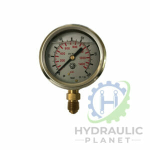 hydraulicplanet The 63MM DIAMETER GLYCERINE FILLED PRESSURE GAUGE displays psi and bar readings, has a bottom brass connector, and features the Hydraulic Planet logo in the corner.