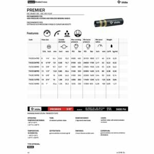 hydraulicplanet Technical data sheet for VITILLO PREMIER HYDRAULIC HOSE 2 WIRE 2SC with hose image and a table detailing dimensions, specifications, and performance values for multiple braided hydraulic hose models.