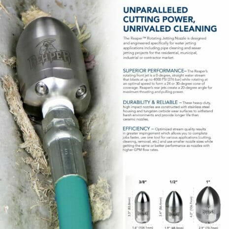 REAPER™ ROTATING JETTING NOZZLE 3/8" INLET, 24°-2 hydraulicplanet A REAPER™ Rotating Jetting Nozzle with a 3/8" inlet and 24° spray is attached to a hose, with its features and specifications displayed beside and below the image.