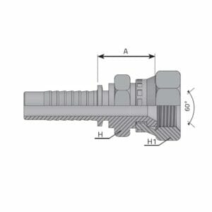 hydraulicplanet Technical drawing of the TOYOTA STYLE FEMALE STRAIGHT hose fitting, showing labelled dimensions A, H, and H1; features a 60° angle on one end and a ribbed hose connection with a Female Straight interface on the other.