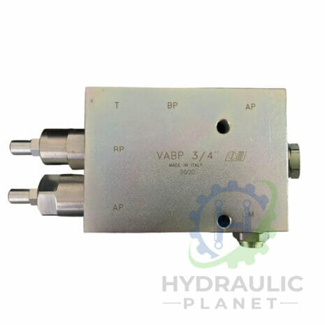 3/4" TWO PUMP "HI-LOW" UNLOADING VALVE hydraulicplanet The 3/4" TWO PUMP "HI-LOW" UNLOADING VALVE features multiple ports and connectors, is rectangular, labelled "VABP 3/4," and is positioned above the Hydraulic Planet logo.