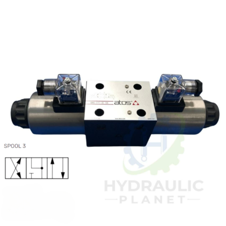 hydraulicplanet The ATOS SDKE-1713 12/24DC Double Solenoid Valve (CETOP 5) features two electrical connectors, is mounted on a rectangular block, and has a spool 3 flow diagram displayed in the bottom left corner.