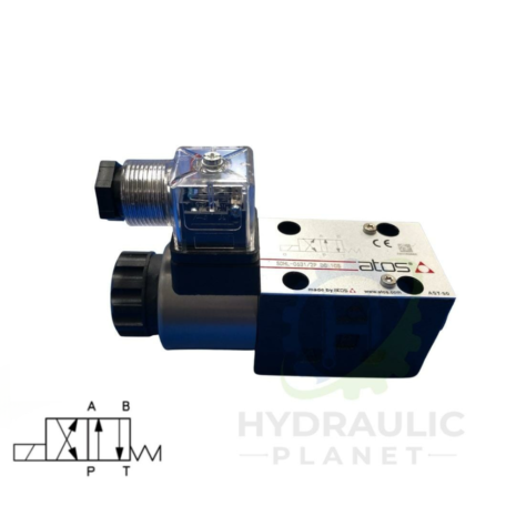 hydraulicplanet The ATOS SDHL-0631 12/24DC Single Solenoid Valve-CETOP 3 is shown with a manufacturer label, wiring connector, and a schematic diagram in the bottom left corner.