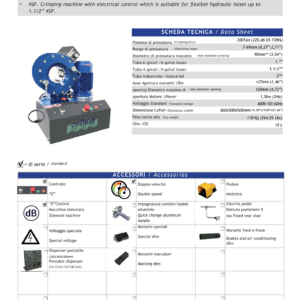 hydraulicplanet The O180E HYDRAULIC HOSE CRIMPER features a control panel, power unit, and multiple dies, shown with its technical data and list of accessories.