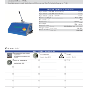 hydraulicplanet Product datasheet for the TAB 250L HYDRAULIC HOSE CUTTER, including technical specifications, available accessories, and a machine image showing its blue aluminium body with a green logo.