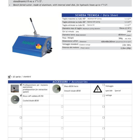 TAB 250L HYDRAULIC HOSE CUTTER-2 hydraulicplanet Product datasheet for the TAB 250L HYDRAULIC HOSE CUTTER, including technical specifications, available accessories, and a machine image showing its blue aluminium body with a green logo.