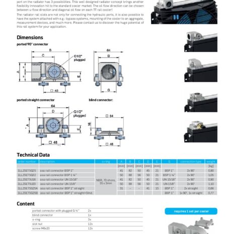 COOLER CONNECTORS SET 1" BSP (2x straight) FOR TT 05 , 07, 11, 13, 16, 21 , 25-2 hydraulicplanet Technical datasheet page with diagrams, dimensions, specs, and application info for COOLER CONNECTORS SET 1" BSP (2x straight) suitable for TT 05, 07, 11, 13, 16, 21, and 25 rail series accessories.