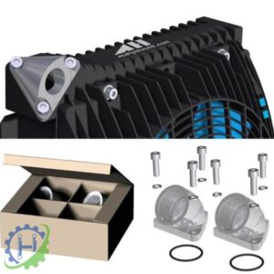 hydraulicplanet A close-up of the COOLER CONNECTORS SET UNIVERSAL CONNECTOR SET 11/2" BSP with metallic parts, connectors, screws, and washers for cooler types 0177, 0257, 0367, 0467, 0567, 0727, and 0927 displayed on a white background.