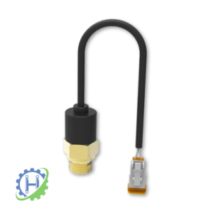 hydraulicplanet TEMPERATURE SENSOR KIT featuring a brass sensor, black cable, and orange connector, shown on a white background with a gear and spanner logo in the lower left corner.