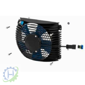 hydraulicplanet The ILLELE0240A3 and ILLELE0240A4 black FAN & MOTOR KIT/ASSEMBLY PULLER TYPE for TT07, with grille, mounting screws, and connector, is shown on a white background. Suitable for 12VDC or 24VDC applications.