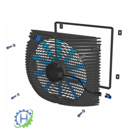 hydraulicplanet The ILLELE0385A2 FAN & MOTOR KIT 24VDC for ILLC016 + TT25 Puller is shown partially assembled with screws, wiring, and a mounting bracket. A gear and spanner logo appears bottom left. Suitable for 24VDC systems.