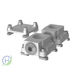 hydraulicplanet Three metallic COOLER CONNECTORS SET 1" BSP (2x straight) FOR TT 05, 07, 11, 13, 16, 21, 25 mounting brackets with bolt holes and rectangular openings shown from different angles; gear and spanner logo in bottom left corner.