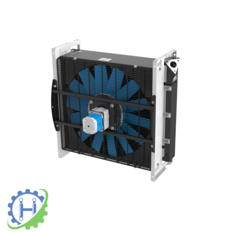 hydraulicplanet ASA 0367 Hydraulically Driven Oil Cooler 11cc Max 1500rpm shown with industrial cooling fan assembly: blue blades, black protective grille, metal frame. Gear and leaf logo visible in bottom left corner.