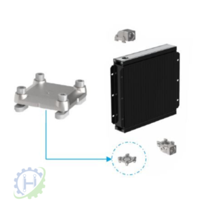 hydraulicplanet A diagram displays a black rectangular radiator linked to a silver mounting bracket, three connectors, and a COOLER BLANKING CAP FOR TT 05, 07, 11, 13, 16, 20, 21 ,25, 30, 36, 40; a blue arrow highlights the assembly process.