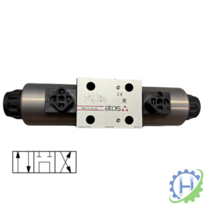 hydraulicplanet ATOS SDKE-1714 12/24DC DOUBLE SOLENOID VALVE–CETOP 5 shown with visible connection ports; Atos brand appears on the central block.