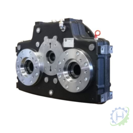 hydraulicplanet The TMP 250 is a rectangular industrial gearbox featuring two large circular mounting flanges, multiple bolt holes, a black finish with metallic accents, and a small red handle.