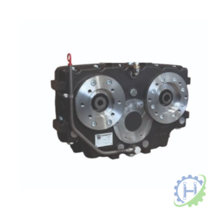 hydraulicplanet The TMP 241 is a rectangular industrial gearbox with dual circular gears and bolts, housed in a black metal casing and featuring a red lifting eye on the top left corner.