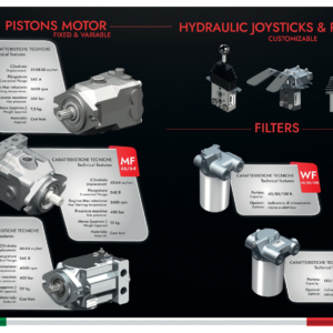 hydraulicplanet Discover the PWG BROCHURE 2025, showcasing a catalogue of piston pumps, motors, joysticks, pedals, filters, valves, and manifolds with detailed technical specs—all presented on a sleek black background.