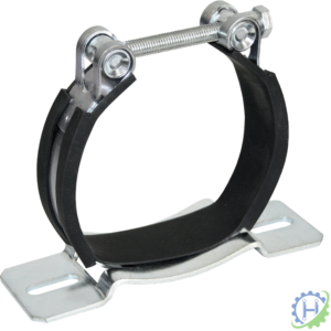 hydraulicplanet The ACCUMULATOR CLAMP - CRO SERIES features a metal body with rubber lining, adjustable screw, and flat base with two slotted holes for easy installation—ideal for securing accumulators in various piping systems.
